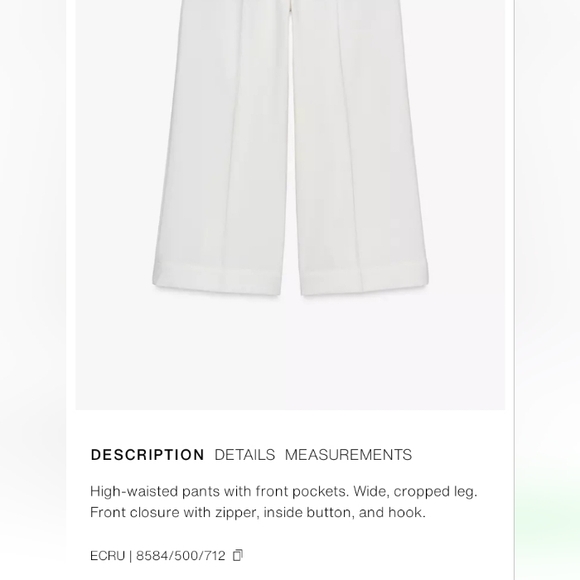 Zara White Wide-Leg High Waist Ecru Culottes Pants Sz-L - Picture 9 of 9